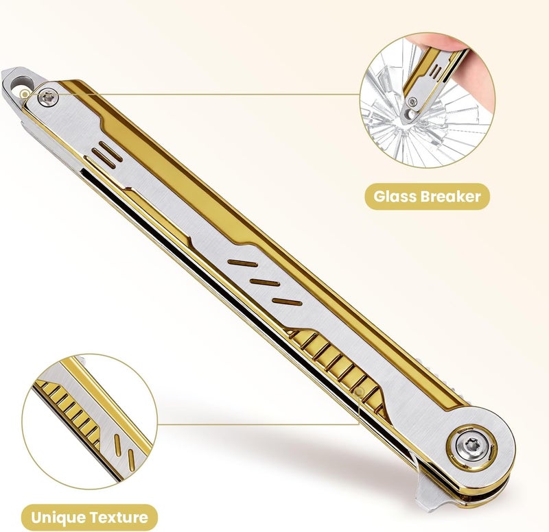 FUNBRO Cool Pocket Knife Gifts for Men, EDC Tanto Blade Folding Knives with Clip, Flipper Open Survival Knife with Window Breaker and Liner Lock for Outdoor Camping (Gold) - Image 3
